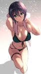  1girl :o arm_up armpits bare_shoulders bikini black_hair breasts cleavage collarbone front-tie_bikini front-tie_top fujiya_takao green_bikini green_eyes hair_between_eyes highres kusunoki_suzu large_breasts looking_at_viewer multi-strapped_bikini navel original parted_lips short_hair skindentation solo swimsuit thigh_strap thighs towel towel_around_neck work_in_progress 