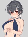  1girl alternate_costume black_hair blue_swimsuit blush breasts curvy grey_background hair_flaps hair_ornament highres jingei_(kantai_collection) kantai_collection large_breasts long_hair navel red_eyes rose_neru simple_background slingshot_swimsuit solo sweatdrop swimsuit upper_body 