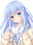  1girl :o bangs blue_eyes blue_hair blue_ribbon blush brown_cardigan cardigan commentary eyebrows_visible_through_hair gochuumon_wa_usagi_desu_ka? hair_between_eyes hair_ornament hands_up head_tilt highres kafuu_chino kedama_(kedama_akaza) long_hair long_sleeves looking_at_viewer neck_ribbon parted_lips revision ribbon sailor_collar school_uniform serafuku sleeves_past_wrists solo two_side_up very_long_hair white_sailor_collar x_hair_ornament 