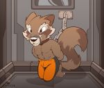  angry anthro brown_body brown_eyes brown_fur chain chained clothed clothing collar digital_media_(artwork) fatzoimp fur guardians_of_the_galaxy hi_res male mammal marvel multicolored_body multicolored_fur multicolored_tail prison prison_cell prisoner procyonid raccoon raccoon_tail rocket_raccoon scar solo topless 