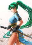  1girl black_gloves blue_tunic breasts cowboy_shot fingerless_gloves fire_emblem fire_emblem:_the_blazing_blade floating_hair gloves green_eyes green_hair highres holding holding_sheath holding_sword holding_weapon long_hair lyn_(fire_emblem) medium_breasts miyakozuki ponytail profile sheath shiny shiny_hair shiny_skin short_sleeves side_slit solo standing sword tunic unsheathing very_long_hair weapon white_background 