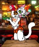  2020 alcohol anthro beer beverage bottomwear bulge clothed clothing complex_markings detailed_background domestic_cat facial_tuft felid feline felis femboy_hooters fluffy fluffy_tail food fur girly green_eyes hair hooters hotpants inner_ear_fluff ketchup leaning looking_at_viewer male mammal meme mw photo photo_background pink_ears pink_tongue seductive shirt shorts signature smile solo stretching tank_top tattoo teasing thick_thighs tongue topwear tuft waiter white_hair white_hands 