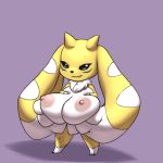  1:1 anthro areola big_breasts breasts chest_tuft digimon digimon_(species) female fenekmon fur furball holding_breast huge_breasts hybrid nipples renamon short_stack simple_background solo standing terriermon tuft yellow_body yellow_fur 