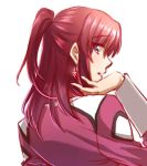  1girl bangs earrings eyebrows_visible_through_hair flay_allster from_behind gundam gundam_seed hair_between_eyes jacket jewelry long_hair long_sleeves looking_back morihaw open_mouth pink_jacket ponytail profile red_hair shiny shiny_hair simple_background sketch solo upper_body white_background 