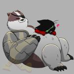  &lt;3 1:1 anthro badger badgerclops belly bijmoaurea black_body black_fur blush cape cartoon_network clothing cuddling domestic_cat duo embarrassed felid feline felis fur green_eyes male male/male mammal mao_mao:_heroes_of_pure_heart mustelid musteline red_clothing sheriff_mao_mao_mao slightly_chubby 