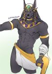  2020 abs absurd_res anthro anubian_jackal anubis armlet black_body bracelet canid canine canis clothed clothing deity digital_media_(artwork) egyptian egyptian_mythology fur genitals hi_res jackal jewelry kimakkun looking_at_viewer male mammal middle_eastern_mythology muscular muscular_male mythology navel nipples pecs penis penis_base simple_background smile solo standing yellow_eyes 