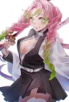  1girl black_jacket black_shirt black_skirt braid breasts cleavage closed_mouth collared_shirt cowboy_shot cst dress_shirt gradient_hair green_eyes green_hair hair_intakes highres holding holding_sword holding_weapon jacket kanroji_mitsuri kimetsu_no_yaiba long_hair looking_at_viewer medium_breasts miniskirt mole mole_under_eye multicolored_hair open_clothes open_jacket pink_hair pleated_skirt shirt simple_background skirt smile solo standing sword twin_braids very_long_hair weapon white_background wing_collar 