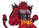  5_fingers 8haon8 anthro black_body black_fur claws fingers fist fur green_eyes incineroar male multicolored_body multicolored_fur nintendo pok&eacute;mon pok&eacute;mon_(species) red_body red_fur sharp_teeth simple_background solo teeth video_games white_background 