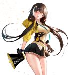  1girl bangs bare_legs black_gloves black_skirt breasts brown_hair eyebrows_visible_through_hair girls_frontline gloves highres jacket long_hair looking_at_viewer medium_breasts megaphone open_mouth orange_eyes ro635_(girls_frontline) shirt simple_background skirt sobi_(dnenqkswja) solo sweater white_shirt 