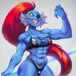  1:1 2020 abs animal_humanoid blue_body breasts clothed clothing digital_media_(artwork) eye_patch eyewear female fish fish_humanoid grin hair hi_res humanoid jayecho looking_at_viewer mammal marine marine_humanoid muscular muscular_female muscular_humanoid red_hair sharp_teeth simple_background smile solo standing teeth undertale undyne video_games yellow_eyes 