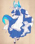  1girl apron bad_anatomy blue_hair bowing breasts columns_ke dress fins frills full_body glasses horns large_breasts long_sleeves looking_at_viewer maid mature melusine_(tokyo_houkago_summoners) pointy_ears puffy_sleeves purple_eyes shoes short_hair simple_background solo tail tokyo_houkago_summoners 