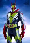  1boy absurdres antennae armor artist_name belt blue_background cloud copyright_name cowboy_shot highres kamen_rider kamen_rider_01_(series) kamen_rider_zero-two looking_at_viewer making-of_available mask parashima_tenko red_eyes rider_belt shiny sky solo 