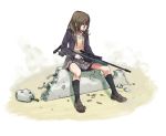  1girl black_legwear brown_footwear brown_hair cigarette concrete denchuubou full_body green_eyes grey_jacket grey_skirt gun jacket kneehighs long_hair original pleated_skirt rebar rifle school_uniform shoes sitting skirt sniper_rifle solo weapon white_background 