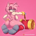  &lt;3 &lt;3_eyes accessory amy_rose anthro areola big_breasts big_butt blush boots bracelet breasts butt clothing countershade_torso countershading darkingart eulipotyphlan female footwear gloves hair_accessory hairband half-closed_eyes handwear hedgehog hi_res holding_object holding_weapon jewelry kneeling looking_at_viewer looking_back mammal mostly_nude narrowed_eyes nipples patreon piko_piko_hammer pink_background pink_body quills rear_view simple_background solo sonic_the_hedgehog_(series) tan_countershading text three-quarter_view url weapon 