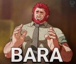  1boy alternate_costume bara beard blurry blurry_background body_hair chest derivative_work english_commentary english_text facial_hair fate/grand_order fate/zero fate_(series) formal iskandar_(fate) large_hands leomon32 male_focus manly meme muscle necktie red_hair simple_background sleeves_rolled_up smile solo upper_body watermark 