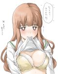  1girl blush bra breasts brown_eyes brown_hair cleavage elf_(stroll_in_the_woods) girls_und_panzer large_breasts lifted_by_self long_hair looking_at_viewer mouth_hold ooarai_school_uniform school_uniform shiny shiny_hair shirt_lift simple_background solo speech_bubble sweat takebe_saori translation_request underwear upper_body white_background yellow_bra 