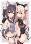  2girls animal_ear_fluff animal_ears arata_(xin) asymmetrical_docking bangs bare_shoulders bell black_hair black_leotard blonde_hair blush border breast_press breasts brown_eyes cat_ears cat_tail center_opening closed_mouth commentary crop_top elbow_gloves fate/kaleid_liner_prisma_illya fate_(series) feathers gloves grey_background hair_feathers highres illyasviel_von_einzbern jingle_bell leotard light_smile long_hair looking_at_viewer miyu_edelfelt multiple_girls navel panties paw_gloves paws red_eyes revision small_breasts tail thighs twintails underwear white_border 