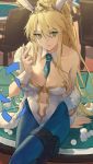  1girl 7aehyun absurdres ahoge animal_ears artoria_pendragon_(all) artoria_pendragon_(swimsuit_ruler)_(fate) bangs between_breasts blonde_hair blue_legwear breasts bunny_ears bunnysuit chair collarbone crown fake_animal_ears fate/grand_order fate_(series) green_eyes highres holster large_breasts midriff necktie necktie_between_breasts poker_chip poker_table sidelocks solo thigh_holster 