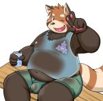  2020 ailurid anthro bear_2key belly beverage_can blush bottomwear bulge clothing genitals humanoid_hands kemono male mammal moobs nipples one_eye_closed overweight overweight_male penis red_panda shirt shorts sitting solo topwear wet wink 