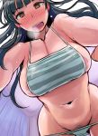  1girl bangs bikini black_hair blunt_bangs blush breasts breasts_day cleavage collarbone curtains embarrassed from_below highres large_breasts looking_at_viewer navel nipple_slip nipples open_mouth orange_eyes original pubic_hair room solo swimsuit tsuda_nanafushi visible_air 