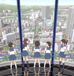  5girls blue_legwear bow brown_footwear brown_hair building cityscape glasses hair_bow highres kiyo_(kyokyo1220) kneehighs long_hair multiple_girls original pointing ponytail railing reflection school_uniform serafuku shirt short_ponytail short_sleeves standing white_bow white_footwear white_legwear white_shirt window 