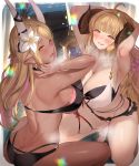  2girls ahoge anila_(granblue_fantasy) armpits arms_behind_head arms_up ass back bangs bikini black_bikini blonde_hair blunt_bangs breasts dark_skin deras draph earrings flower granblue_fantasy hair_flower hair_ornament highres horn_ornament horn_ribbon horns jewelry kuvira_(granblue_fantasy) large_breasts layered_bikini long_hair multiple_girls open_mouth parted_lips pointy_ears ribbon sheep_horns short_eyebrows sitting skindentation smile sweat swimsuit thick_thighs thighs very_long_hair white_bikini yellow_eyes 