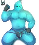  2020 absurd_res big_muscles blue_body bulge clothing epic_games fermrviper fingerless_gloves fortnite genital_outline gloves goo_creature goo_humanoid handwear hi_res humanoid kneeling male muscular muscular_male navel nipples not_furry pecs penis_outline raised_arm rippley simple_background smile solo tongue tongue_out underwear video_games white_background 
