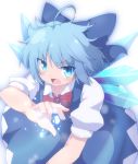  1girl ahoge blue_eyes blue_hair blush bow bowtie cirno do_(4-rt) dress fang hair_bow hand_up highres ice ice_wings looking_at_viewer magic open_mouth puffy_short_sleeves puffy_sleeves serious short_hair short_sleeves solo touhou wings 