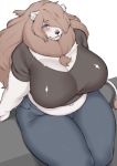  anthro big_breasts blue_eyes blush breasts brown_hair clothed clothing curvy_figure ear_piercing facial_piercing felid female fur hair hair_over_eye hi_res huge_breasts kemono kikunoya lion lip_piercing looking_at_viewer mammal mane one_eye_obstructed pantherine piercing simple_background sitting slightly_chubby solo thick_thighs voluptuous white_background white_body white_fur 