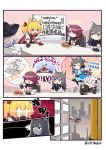  6+girls animal_ears apple_pie arknights autodefenestration boardroom_suggestion_(meme) broken_window commentary_request croissant_(arknights) exusiai_(arknights) food halo highres idol idol_clothes jumping lappland_(arknights) lemon_raimu meme multiple_girls orchid_(arknights) parody penguin_logistics_(arknights) pie pie_slice signature sora_(arknights) texas_(arknights) tic-tac-toe wolf_ears 