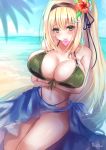  1girl absurdres artist_name bare_shoulders beach blonde_hair blush breasts cleavage collarbone condom condom_in_mouth crossed_arms eyebrows_visible_through_hair flower girls_frontline green_eyes green_swimsuit hair_between_eyes hair_flower hair_ornament hair_ribbon hairband highres large_breasts long_hair looking_at_viewer m1_garand_(girls_frontline) martinreaction mouth_hold navel ocean_bottom ribbon smile solo stomach swimsuit 