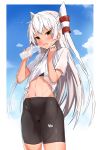  1girl alternate_costume amatsukaze_(kantai_collection) bike_shorts black_bra black_shorts blue_sky bottle bra brown_eyes cloud commentary_request cowboy_shot hair_tubes highres kantai_collection long_hair looking_at_viewer navel one-piece_tan see-through shirt shirt_lift shorts silver_hair sky solo sports_bra t-shirt takanashi_kei_(hitsujikan) tan tanline two_side_up underwear white_shirt windsock 