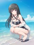  1girl bang_dream! bangs beach black_footwear black_hair black_swimsuit blush breasts cleavage commentary_request crossed_arms day embarrassed flip-flops halterneck highres long_hair medium_breasts nogi_momoko ocean one-piece_swimsuit outdoors purple_eyes sandals see-through_jacket shirokane_rinko solo squatting swimsuit tiptoes 