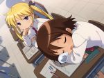  2girls blonde_hair blue_eyes book brown_hair chair closed_eyes commentary_request desk dress_shirt dutch_angle kill_me_baby long_hair long_sleeves multiple_girls nose_bubble notebook oribe_yasuna red_neckwear sayshownen school_desk school_uniform shirt short_hair sitting sleeping sonya_(kill_me_baby) twintails 