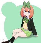  1girl bangs black_jacket black_legwear blazer blue_eyes blush bow brown_footwear closed_mouth collared_shirt commentary_request eyebrows_behind_hair go-toubun_no_hanayome green_background green_bow green_ribbon green_skirt hair_between_eyes hair_ribbon highres jacket kujou_karasuma loafers long_sleeves looking_at_viewer nakano_yotsuba open_blazer open_clothes open_jacket orange_hair pleated_skirt ribbon shirt shoes signature sitting skirt sleeves_past_wrists socks solo sweater_vest two-tone_background white_background white_shirt 