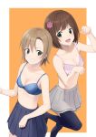  2girls :d absurdres asterisk_(idolmaster) asymmetrical_bangs bangs blue_bra blue_legwear blue_skirt bra breasts brown_hair cleavage collarbone fang green_eyes grey_skirt grin hair_over_one_eye highres idolmaster idolmaster_cinderella_girls k-ya. looking_at_viewer maekawa_miku miniskirt multiple_girls open_mouth orange_background pink_bra pleated_skirt shiny shiny_hair short_hair skirt small_breasts smile standing standing_on_one_leg tada_riina thighhighs two-tone_background underwear white_background zettai_ryouiki 