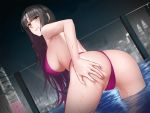  1girl ass bangs bent_over bikini black_hair blush breasts building city facial_mark fate/empire_of_dirt fate/extra fate/extra_ccc fate_(series) forehead_mark game_cg hand_on_ass large_breasts long_hair looking_at_viewer looking_back pool purple_bikini sesshouin_kiara shijiu_(adamhutt) smile solo swimsuit wading yellow_eyes 
