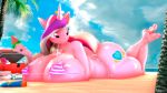  16:9 3d_(artwork) 4k absurd_res anthro beach between_breasts beverage big_breasts big_butt bikini bikini_thong breasts butt clothing digital_media_(artwork) equid equine female food friendship_is_magic hasbro hi_res horn huge_breasts huge_butt lying mammal my_little_pony on_front palm_tree popsicle princess_cadance_(mlp) seaside side-tie_bikini swimwear tree unicorn whiteskyline widescreen 