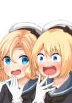  2girls bangs black_neckwear blonde_hair blue_eyes blue_sailor_collar comiching commentary_request gloves hat highres janus_(kantai_collection) jervis_(kantai_collection) kantai_collection kimoi_girls long_hair multiple_girls open_mouth parody parted_bangs sailor_collar sailor_hat short_hair simple_background upper_body upper_teeth white_background white_gloves white_headwear 