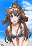  1girl ahoge beach bikini black_bikini blue_sky breasts brown_hair cleavage cloud collarbone commentary_request cowboy_shot day double_bun hairband headgear highres kantai_collection kongou_(kantai_collection) large_breasts long_hair looking_at_viewer open_mouth outdoors purple_eyes sky solo swimsuit t2r 