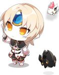  1girl chibi drone elsword eve_(elsword) facial_mark forehead_jewel grey_hair hat mechanical_ears moby_(elsword) official_art party_hat pointing remy_(elsword) smile 