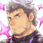  1boy angel beard black_hair bodysuit close-up face facial_hair hiraga0613 looking_at_viewer male_focus manly nether_angel_(tokyo_houkago_summoners) simple_background solo tokyo_houkago_summoners upper_body 