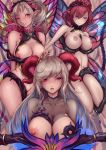  3girls blue_eyes breasts clenched_teeth closed_mouth facial_mark fairy_wings fire_emblem fire_emblem_heroes flower freyja_(fire_emblem) grey_hair hair_flower hair_ornament highres horns jtaka large_breasts long_hair multiple_girls nipples one_eye_closed open_mouth plant plumeria_(fire_emblem) pointy_ears ponytail purple_hair red_eyes short_hair teeth torn_clothes triandra_(fire_emblem) vines wings 