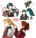  3boys 3girls alternate_hairstyle black_hair blue_eyes blue_hair brown_hair byleth_(fire_emblem) byleth_(fire_emblem)_(female) closed_eyes closed_mouth dorothea_arnault earrings edelgard_von_hresvelg ferdinand_von_aegir fire_emblem fire_emblem:_three_houses from_side green_hair hair_brush hair_ornament hairclip holding hubert_von_vestra jewelry linhardt_von_hevring long_hair long_sleeves multiple_boys multiple_girls open_mouth orange_eyes orange_hair ponytail robaco short_hair side_ponytail simple_background smile white_background white_hair 