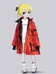  1girl absurdres blonde_hair closed_mouth full_body grey_background highres jacket kill_me_baby long_hair long_sleeves looking_at_viewer nadegata purple_eyes red_jacket shirt shoes simple_background sleeves_past_fingers sleeves_past_wrists solo sonya_(kill_me_baby) standing twintails white_footwear white_shirt 