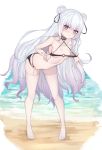  1girl azur_lane bangs bikini black_bikini blue_eyes blush breasts choker double_bun eyebrows_visible_through_hair feet full_body garter_straps highres le_malin_(azur_lane) leaning_forward long_hair looking_at_viewer navel parted_lips sherryqq silver_hair small_breasts solo swimsuit thighhighs very_long_hair white_legwear 