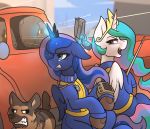  bethesda_softworks blue_body blue_fur brown_body brown_fur canid canine canis dogmeat domestic_dog equid equine fallout female feral friendship_is_magic fur group gun gunshot handgun hi_res horn horse mammal my_little_pony pip-boy pony princess_celestia_(mlp) princess_luna_(mlp) ranged_weapon truck_(vehicle) vault_suit vehicle video_games weapon white_body white_fur whitepone winged_unicorn wings 