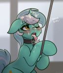  blush bodily_fluids chest_tuft collar cum cum_on_face equid equine female feral friendship_is_magic fur genital_fluids green_body green_fur hasbro hi_res horn leash lyra_heartstrings_(mlp) mammal my_little_pony one_eye_closed solo tongue tongue_out tuft unicorn whitepone 