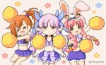  akane_mimi animal_ears bloomers bow braids brown_eyes brown_hair bunny_ears cat_smile cheerleader hat hikawa_kyoka hodaka_misogi long_hair miicha pink_hair pointed_ears ponytail princess_connect! purple_hair skirt twintails waifu2x watermark 