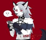  anthro black_ears canid canine canis female fur grey_hair hair helluva_boss jewelry logo loona_(vivzmind) mammal necklace pentagram red_eyes solo spike_the_furry white_body white_fur wolf 